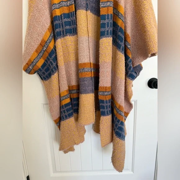 Free People Mercer Hooded Kimono Poncho Bohemian Plaid Stripe Knit Sweater - Picture 4 of 7